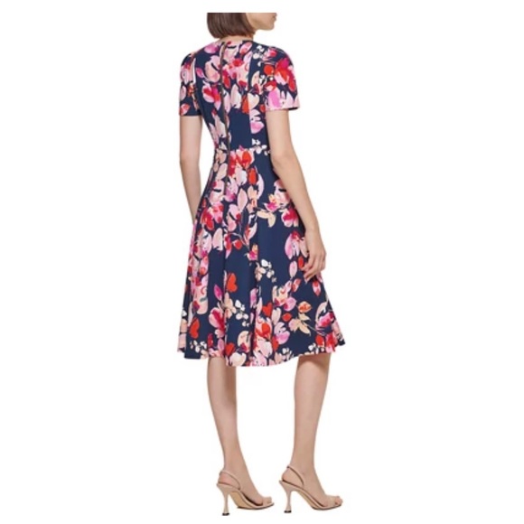 Women's Short Sleeve Floral Printed Scuba Crepe Fit and Flare Dress - Picture 3 of 9